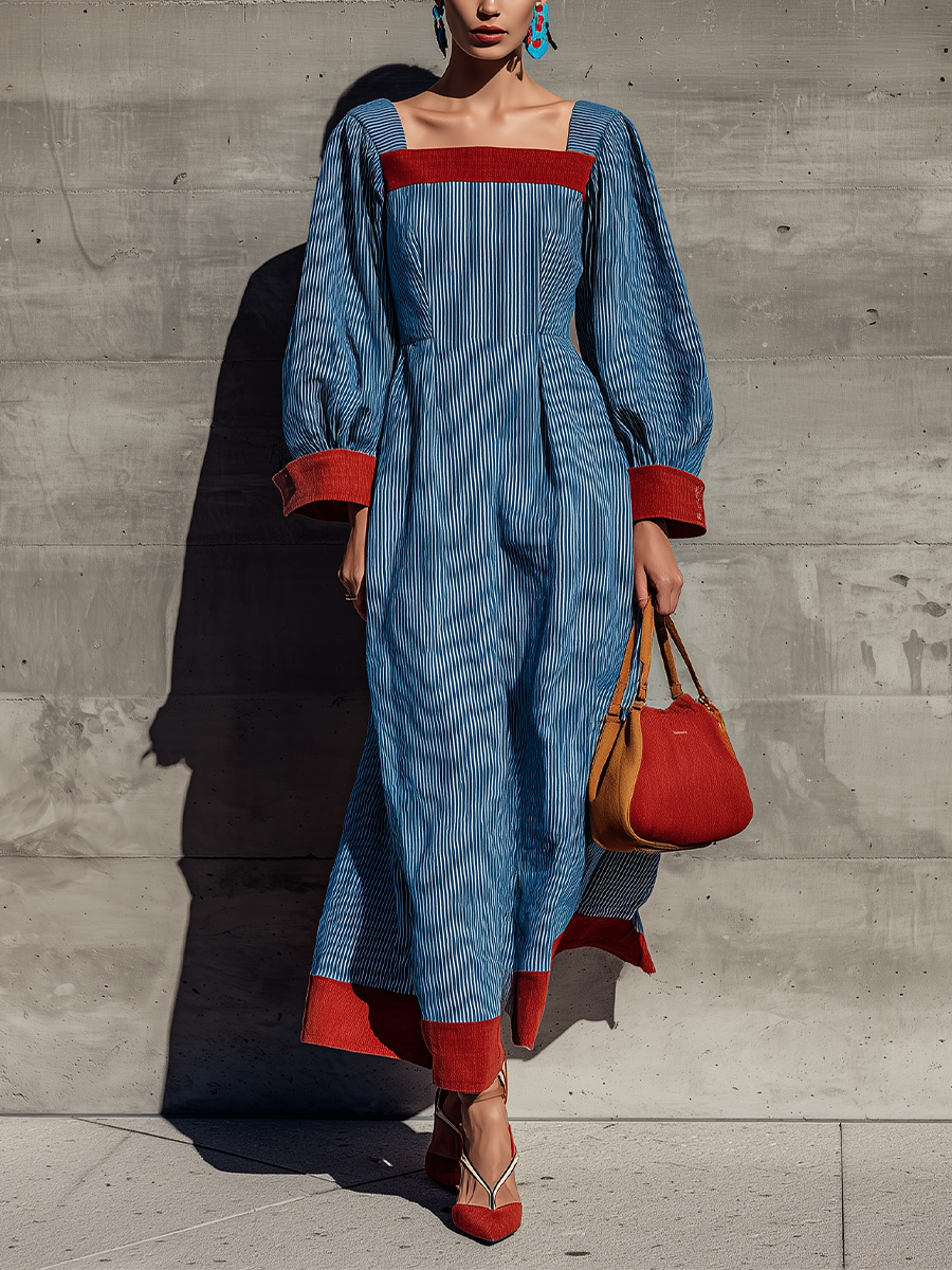 Women's Long Sleeve Contrast Trim Striped Blue Maxi Dress MDZ0707H3YZJ
