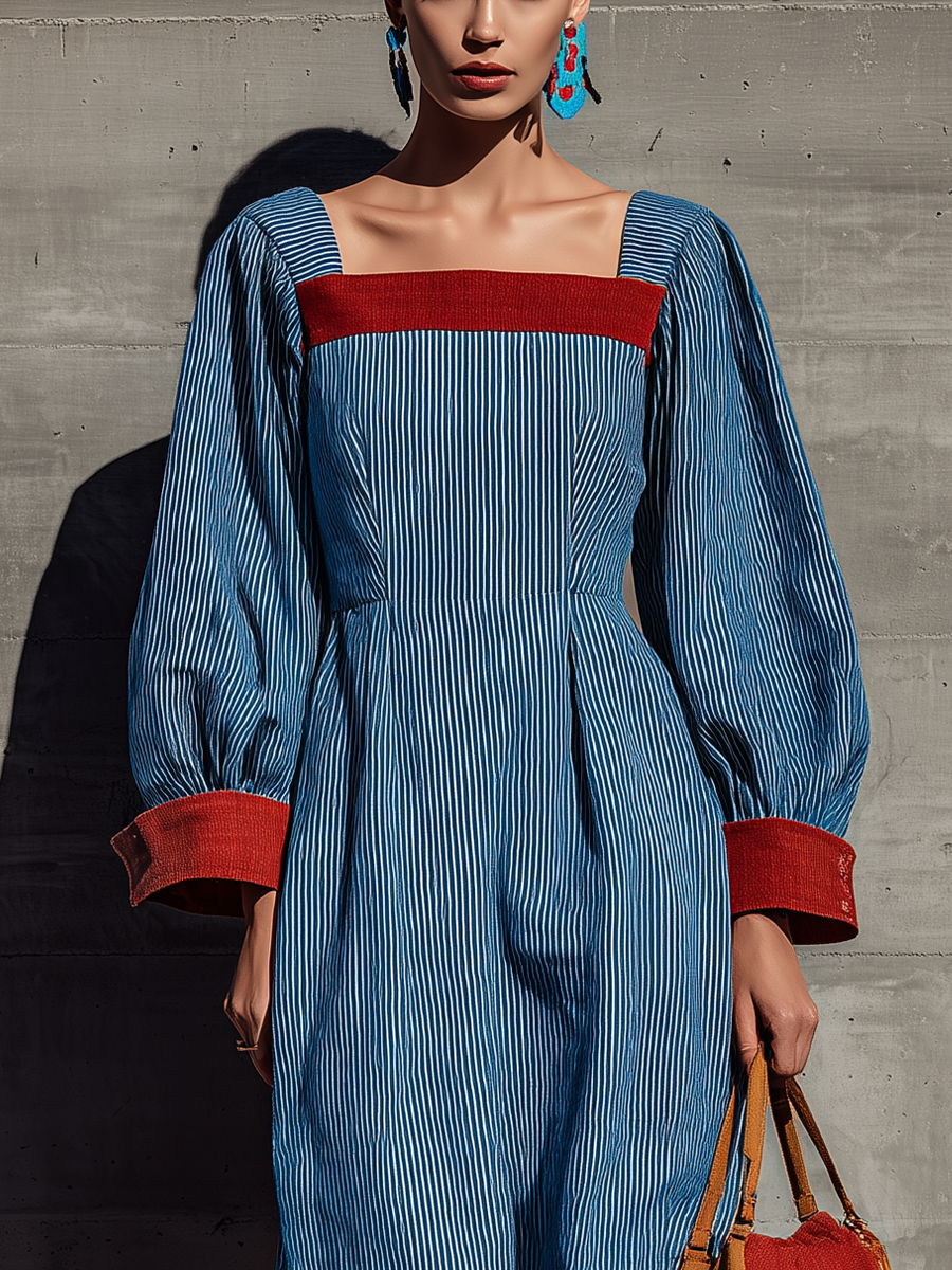 Women's Long Sleeve Contrast Trim Striped Blue Maxi Dress MDZ0707H3YZJ