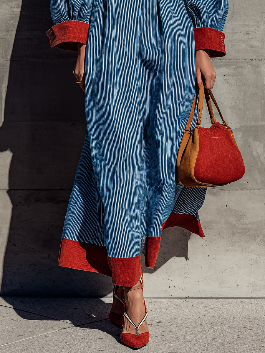 Women's Long Sleeve Contrast Trim Striped Blue Maxi Dress MDZ0707H3YZJ