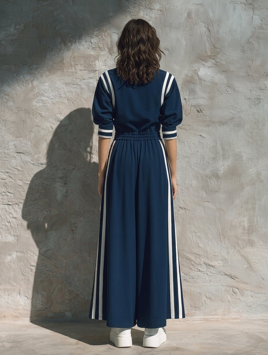 Women's Casual Short-sleeve Maxi Dress In Navy Blue Sweatshirt Fabric MDZ0740H8LXY