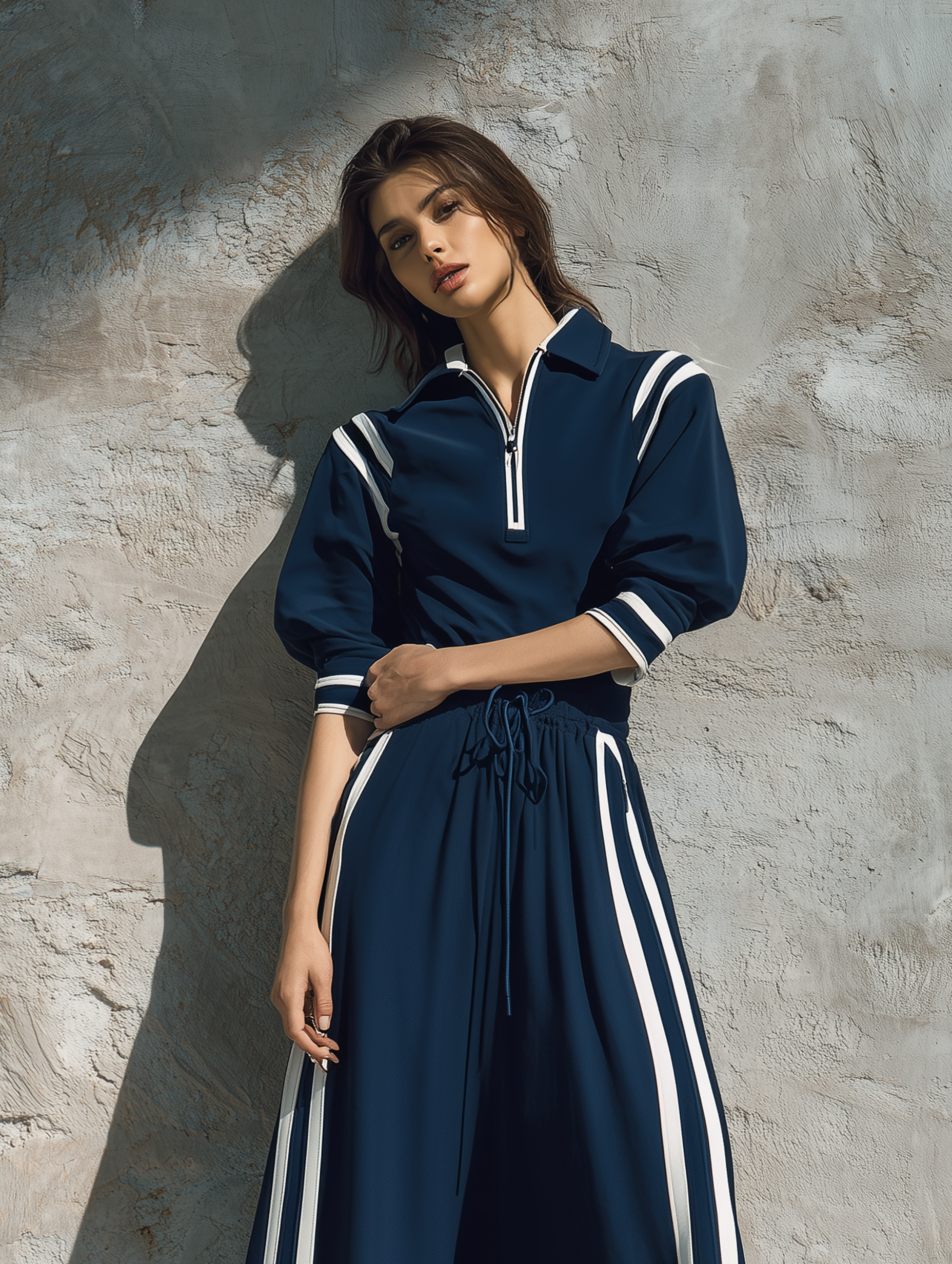 Women's Casual Short-sleeve Maxi Dress In Navy Blue Sweatshirt Fabric MDZ0740H8LXY