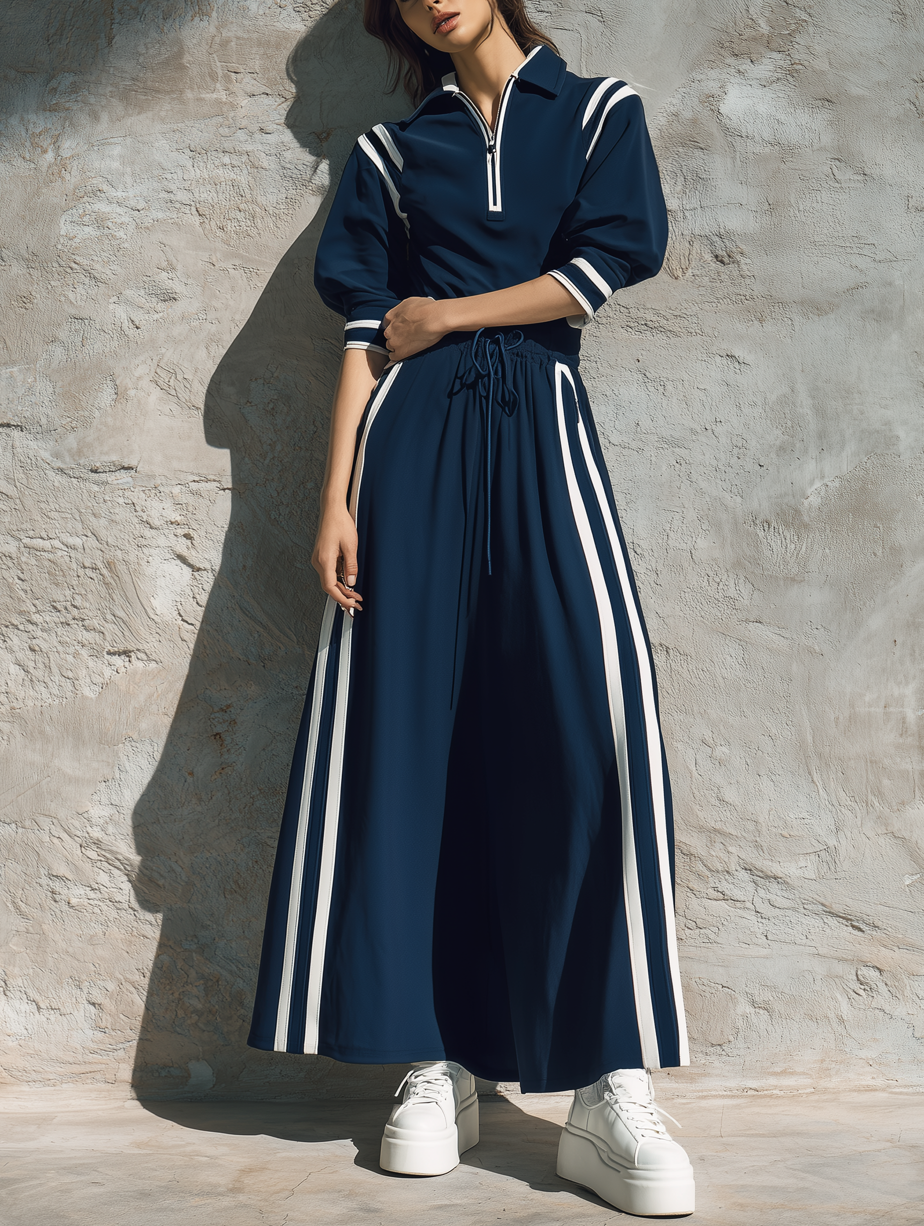 Women's Casual Short-sleeve Maxi Dress In Navy Blue Sweatshirt Fabric MDZ0740H8LXY