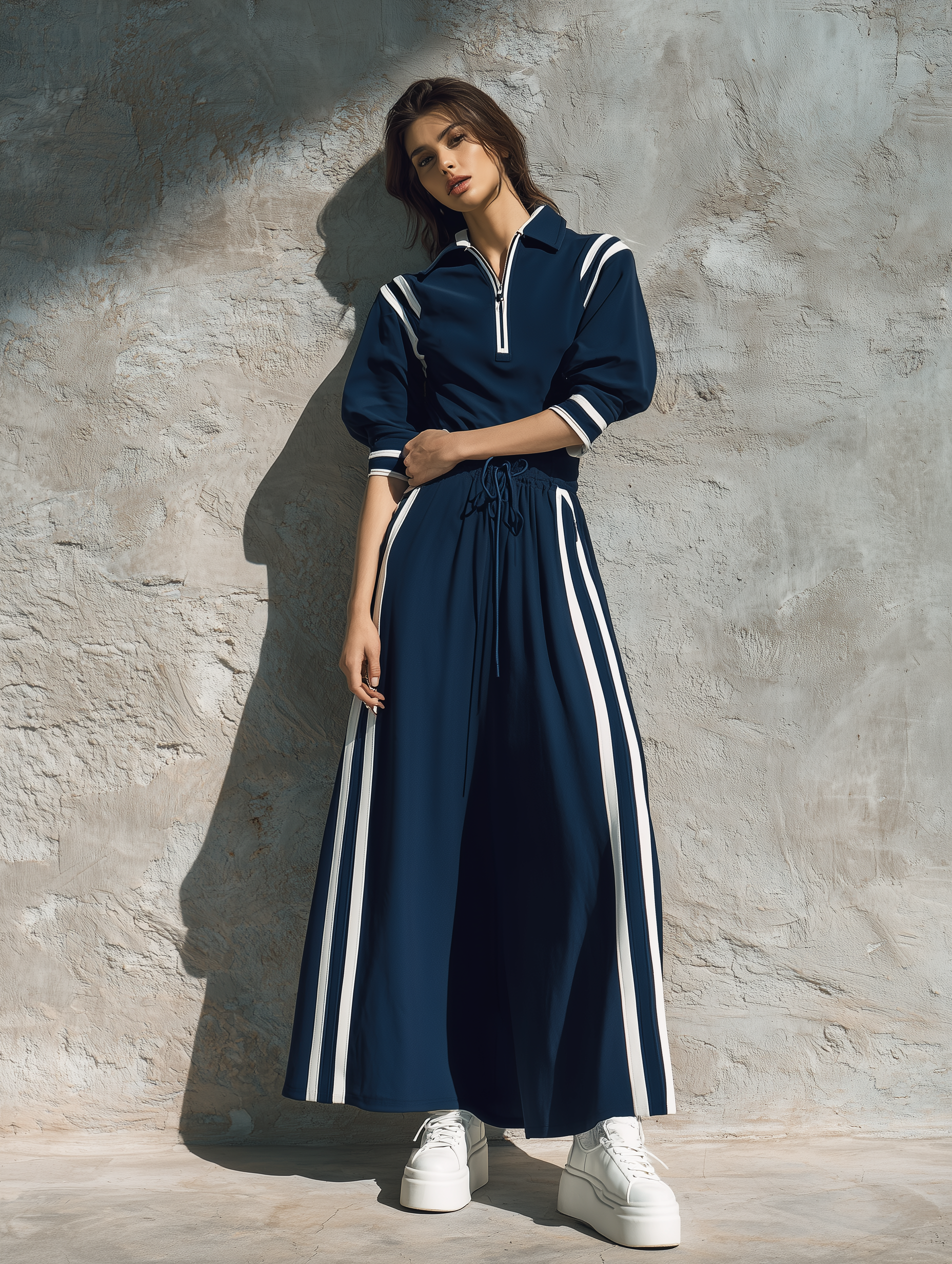 Women's Casual Short-sleeve Maxi Dress In Navy Blue Sweatshirt Fabric MDZ0740H8LXY