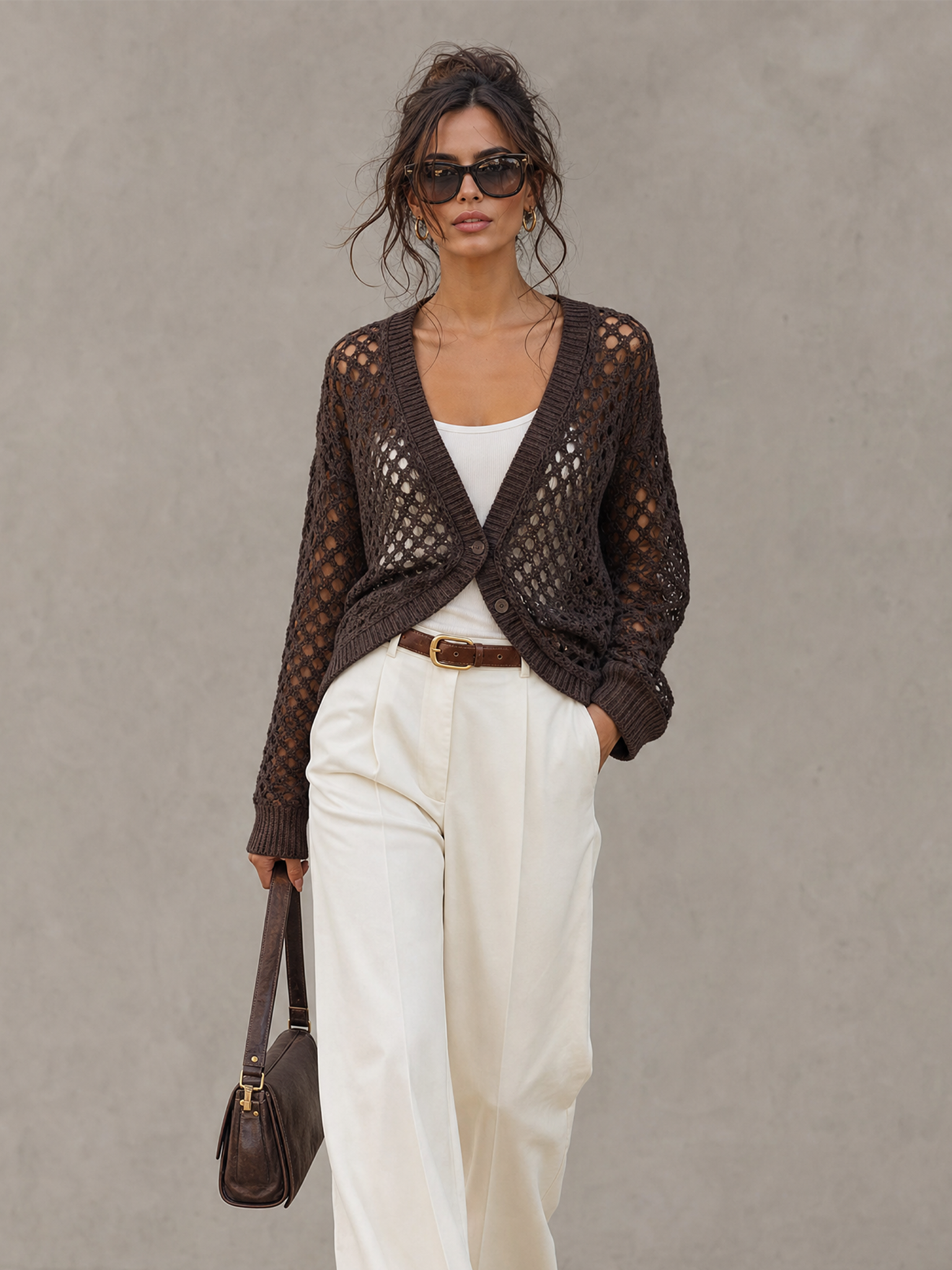 Women's Casual Long-sleeve Open-knit Cardigan With Two-button Closure MDZ0717H5WY