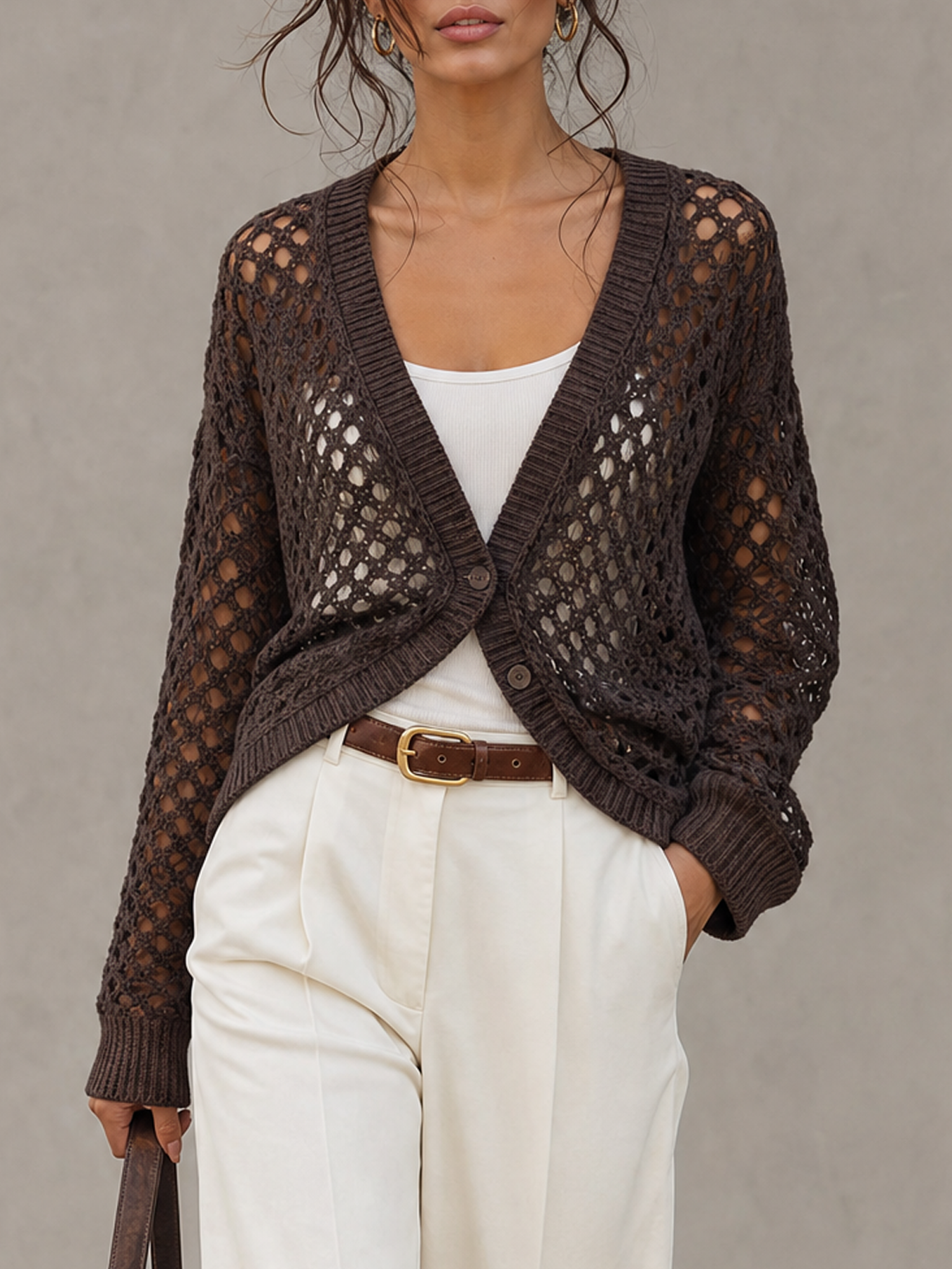 Women's Casual Long-sleeve Open-knit Cardigan With Two-button Closure MDZ0717H5WY