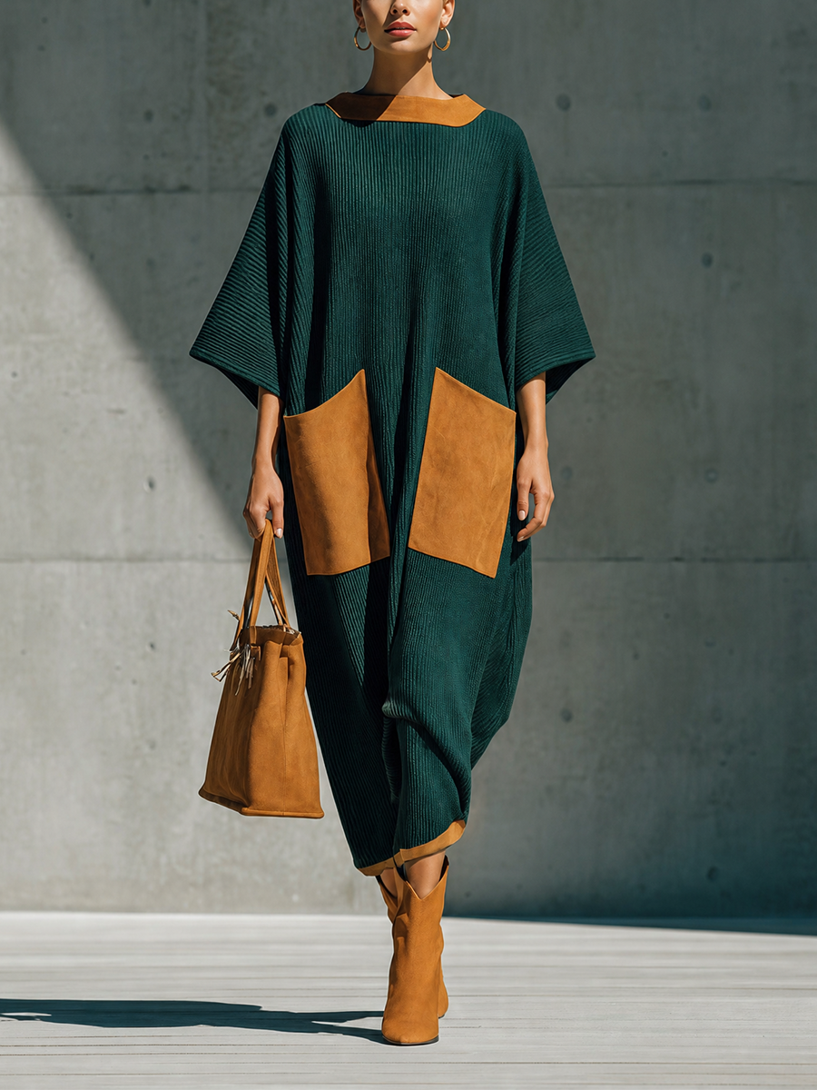 Women's Batwing Sleeve Colorblock Pocket Maxi Dress MDZ0751H9YZJ