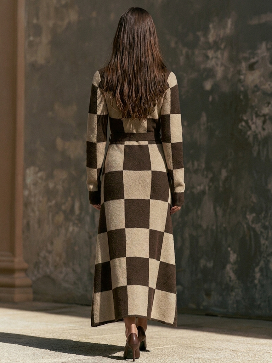 Women's Square-Neck Checkerboard Knit Maxi Dress With Tie-Waist MDZ0767H7ZRK