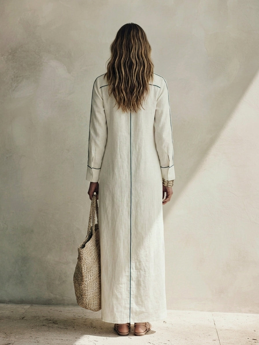 Women's Casual White Long-sleeved Woven Maxi Dress MDZ0776H5LXY