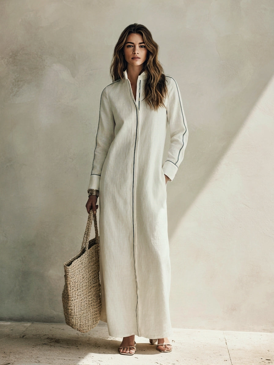 Women's Casual White Long-sleeved Woven Maxi Dress MDZ0776H5LXY