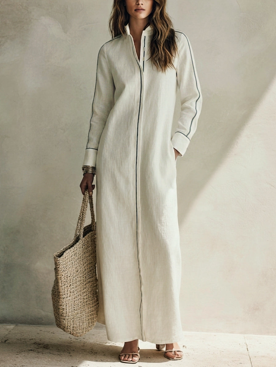 Women's Casual White Long-sleeved Woven Maxi Dress MDZ0776H5LXY