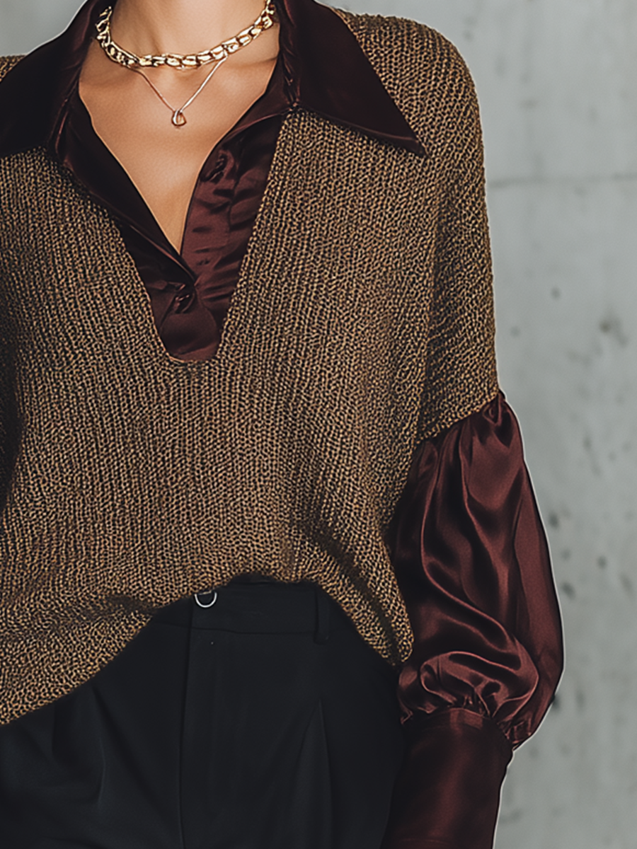 Women's Polo Collar Satin Sleeve Knit Brown Sweater MDZ0726H8YZJ