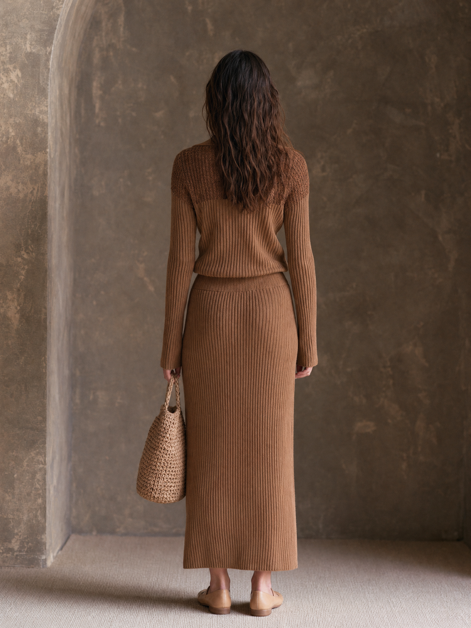 Women's Minimalist Paneled Knit Zip-Collar Top And Skirt Set MDZ0725H8WY
