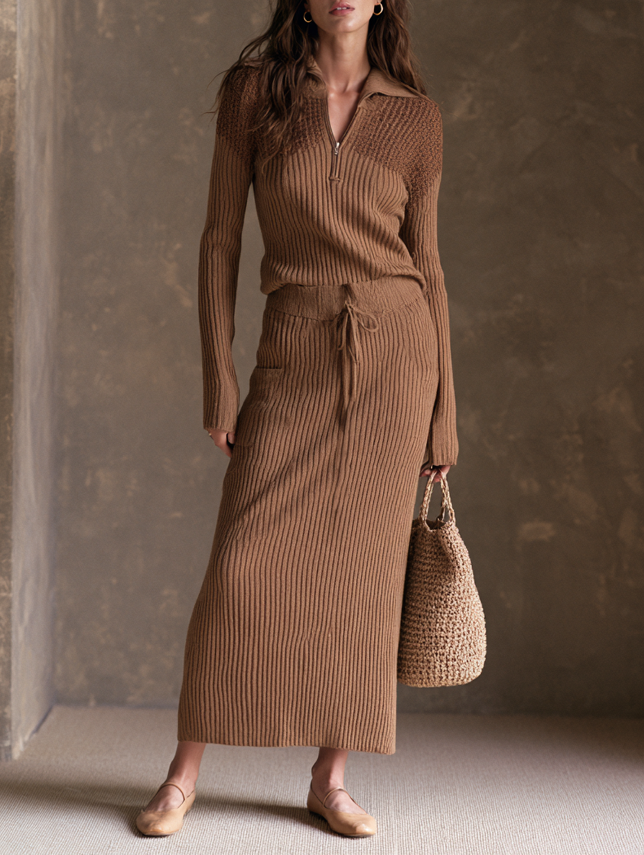Women's Minimalist Paneled Knit Zip-Collar Top And Skirt Set MDZ0725H8WY