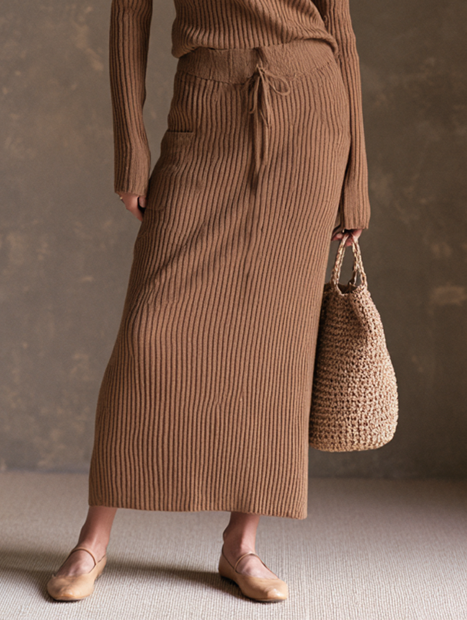 Women's Minimalist Paneled Knit Zip-Collar Top And Skirt Set MDZ0725H8WY