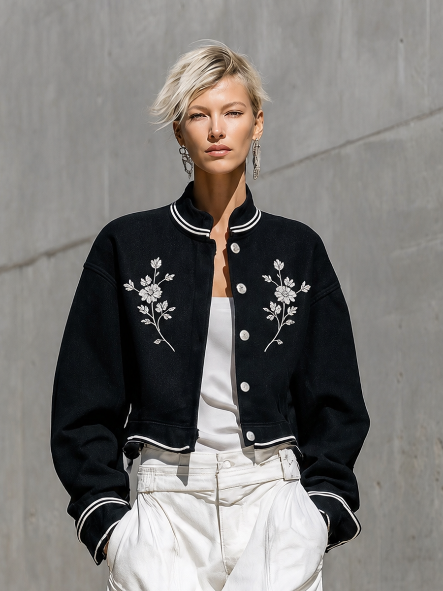 Women's Floral Embroidered Stand Collar Black Bomber Jacket MDZ0759H7YZJ