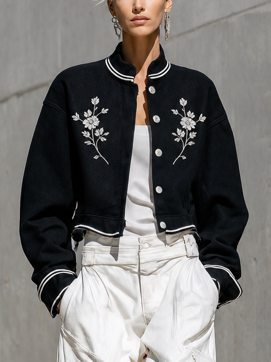 Women's Floral Embroidered Stand Collar Black Bomber Jacket MDZ0759H7YZJ