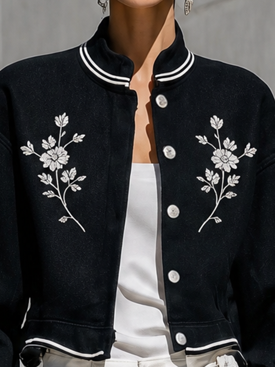 Women's Floral Embroidered Stand Collar Black Bomber Jacket MDZ0759H7YZJ