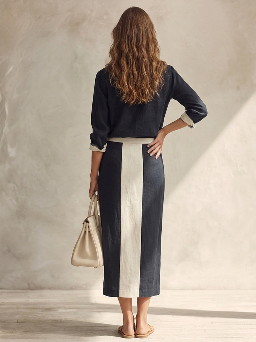 Women's Color-Block Lapel Zip-Front Cotton-Linen Top & Skirt Set MDZ0764H0ZRK