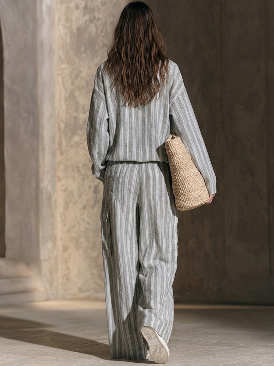 Women's Striped Cotton-Linen Wide-Leg Pant Set With Wrap V-Neck MDZ0783H5ZRK