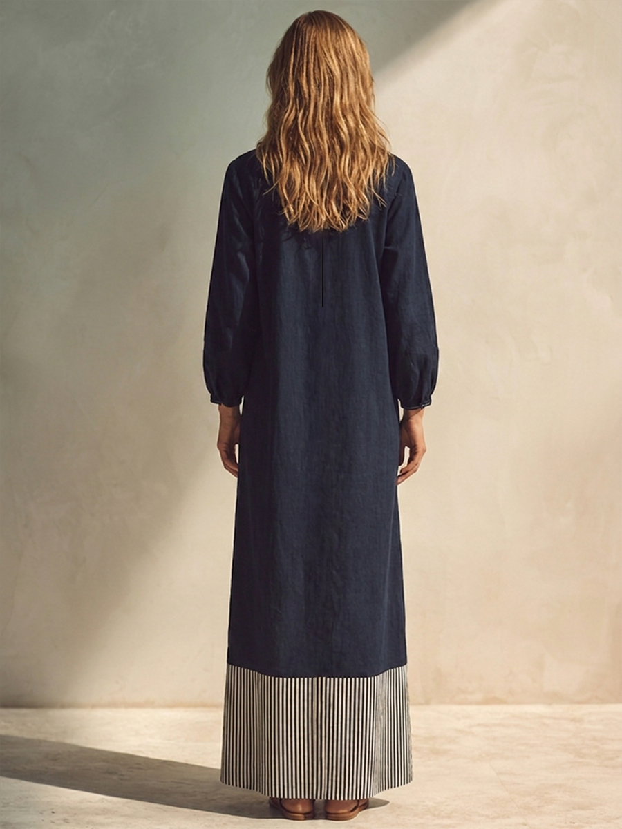 Women's Stand-Collar Cotton-Linen Maxi Dress With Color-Block Striped Hem MDZ0752H9ZRK
