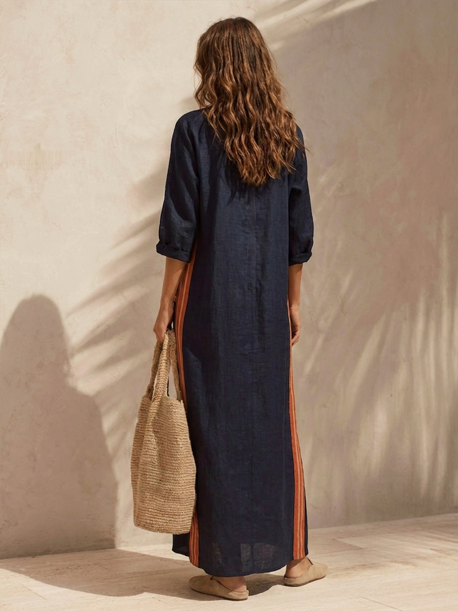 Women's Stand-Collar Half-Zip Cotton-Linen Maxi Dress With Contrast Stripes MDZ0743H0ZRK