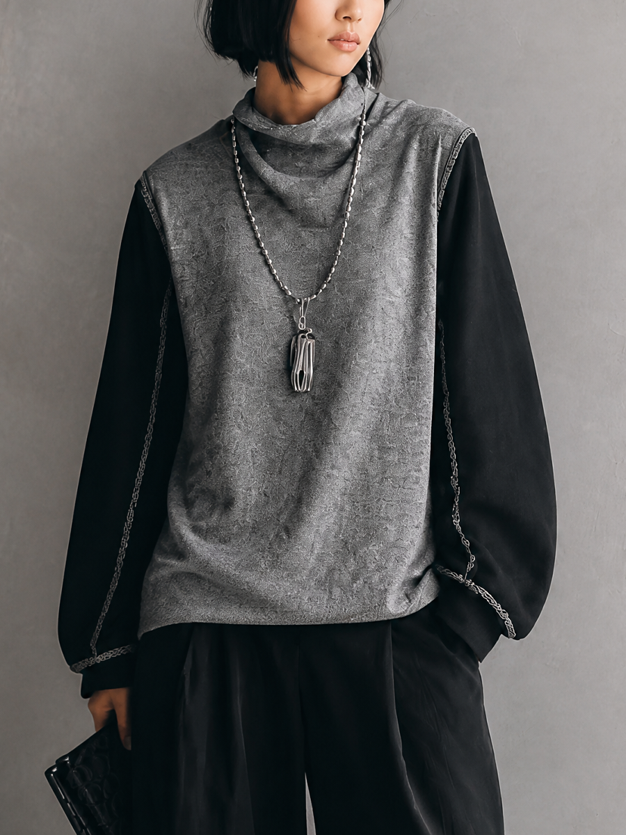 Women's Casual Knit-Panelled Funnel-Neck Top MDZ0739H6GMJ