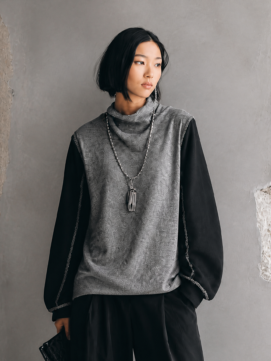 Women's Casual Knit-Panelled Funnel-Neck Top MDZ0739H6GMJ