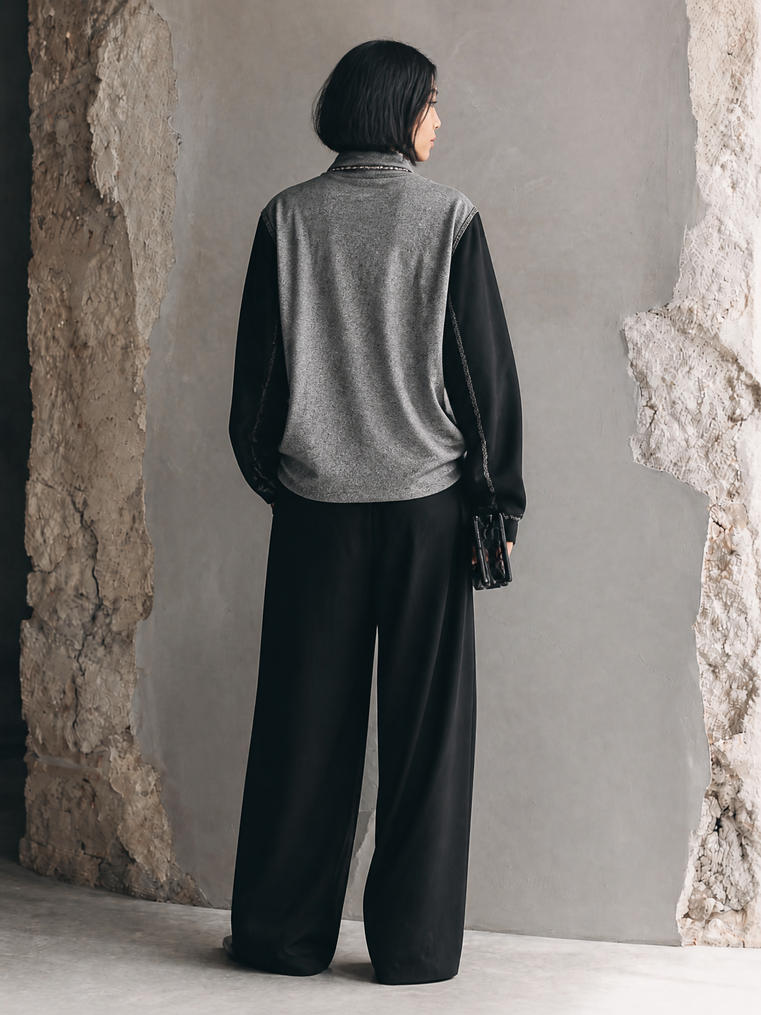 Women's Casual Knit-Panelled Funnel-Neck Top MDZ0739H6GMJ