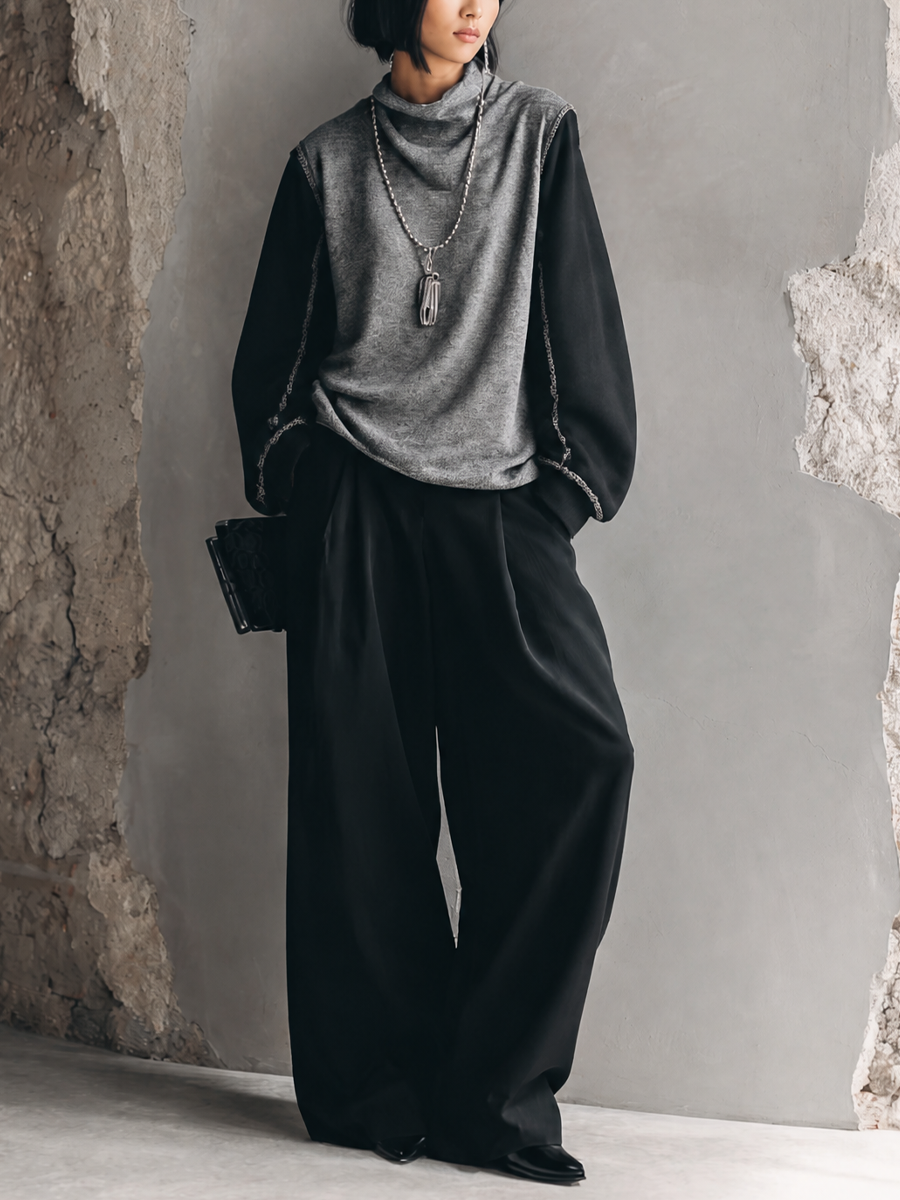 Women's Knitted Patchwork Top And Wide-leg Pants Casual Set MDZ0754H4GMJ