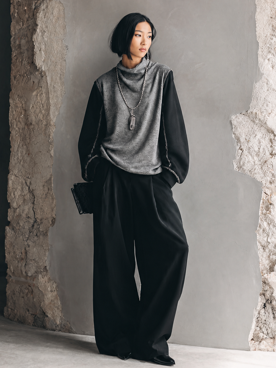 Women's Knitted Patchwork Top And Wide-leg Pants Casual Set MDZ0754H4GMJ