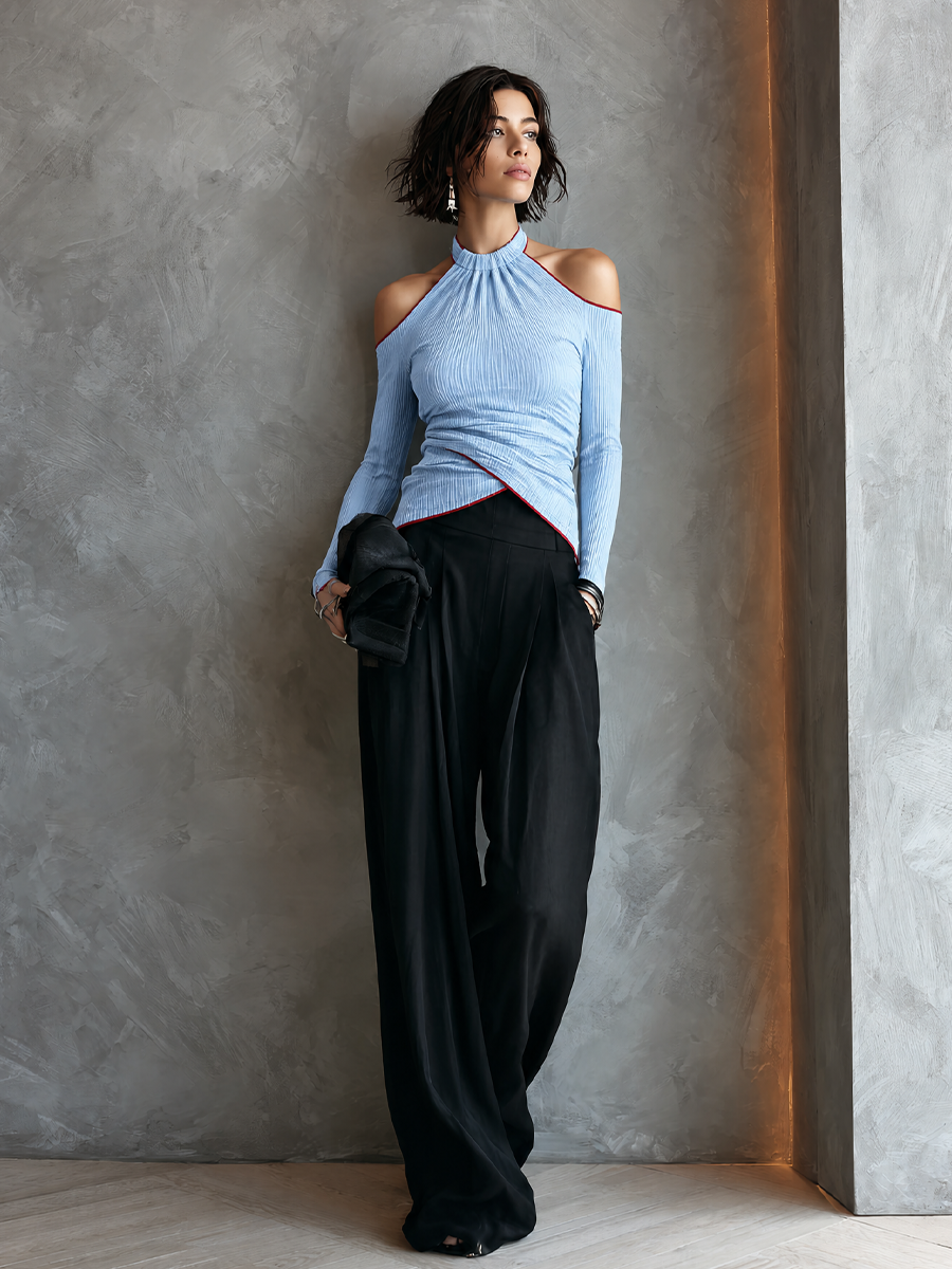 Women's Pleated Casual Halter Wide-Leg Pants Set MDZ0728H8GMJ