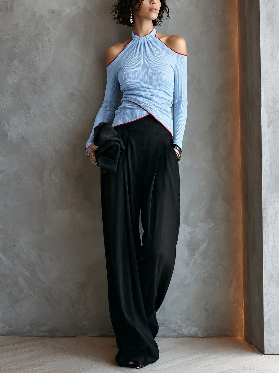 Women's Pleated Casual Halter Wide-Leg Pants Set MDZ0728H8GMJ