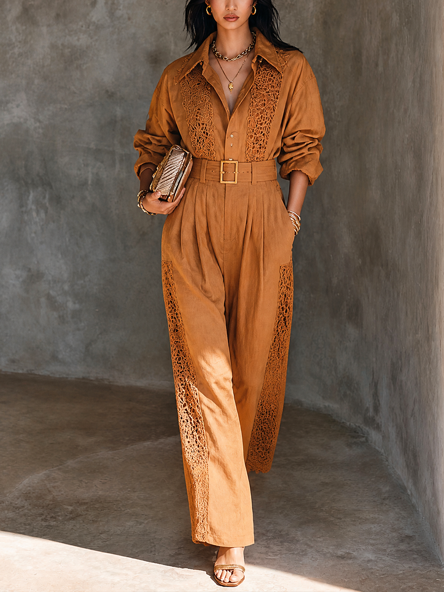 Women's Lace Panel Bohemian Linen Blend Jumpsuit MDZ0787H7GMJ