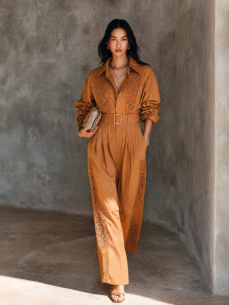 Women's Lace Panel Bohemian Linen Blend Jumpsuit MDZ0787H7GMJ