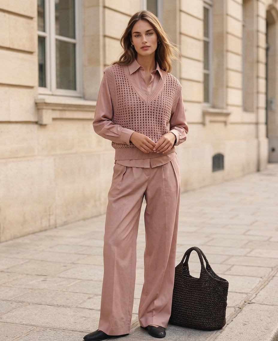 Women's 3-piece Set Featuring A Casual Dusty-pink Woven Shirt And A Knitted Openwork Vest MDZ0711H9LXY