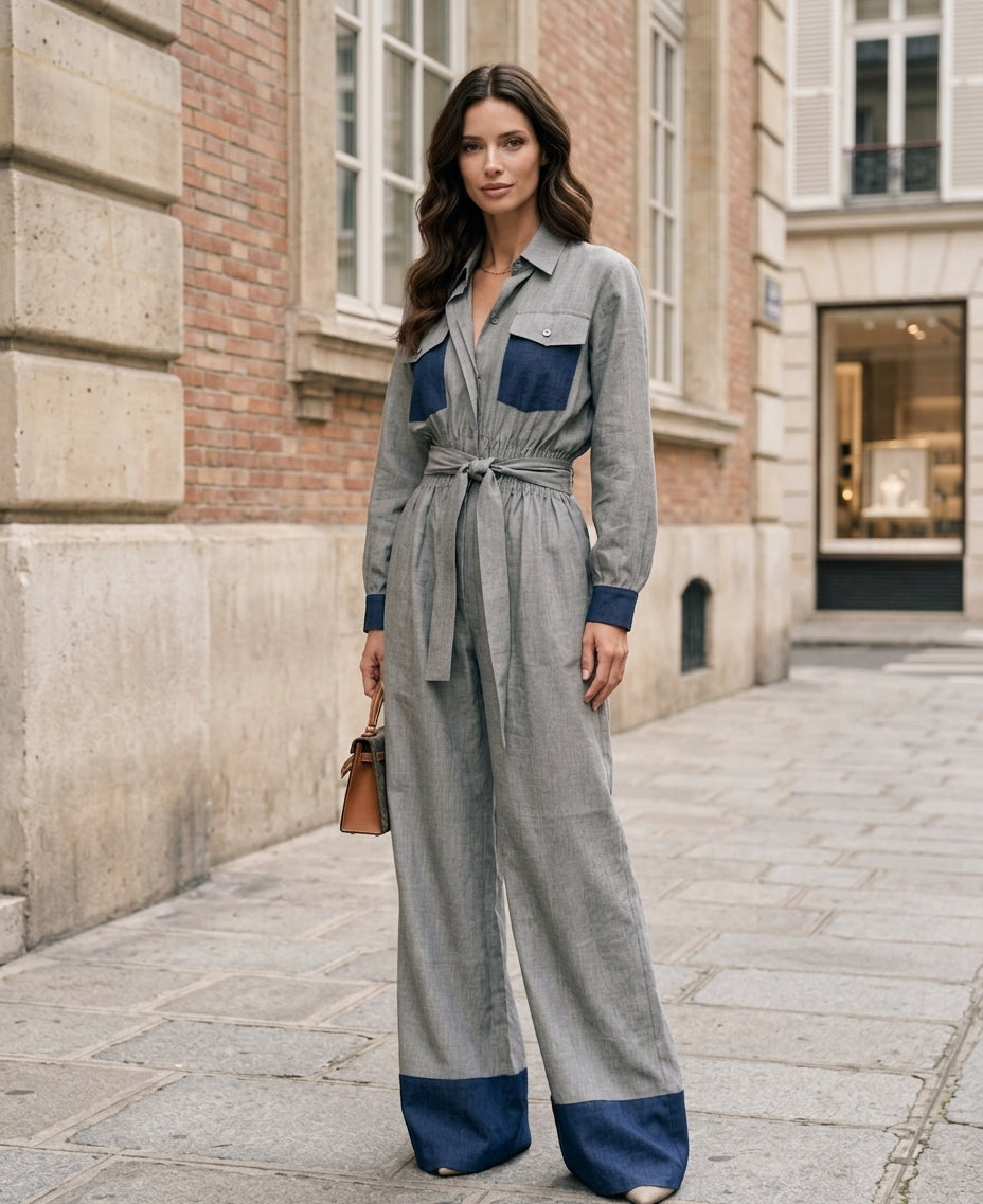 Women's Casual Grey Cotton-linen Long-sleeve Jumpsuit MDZ0752H5LXY