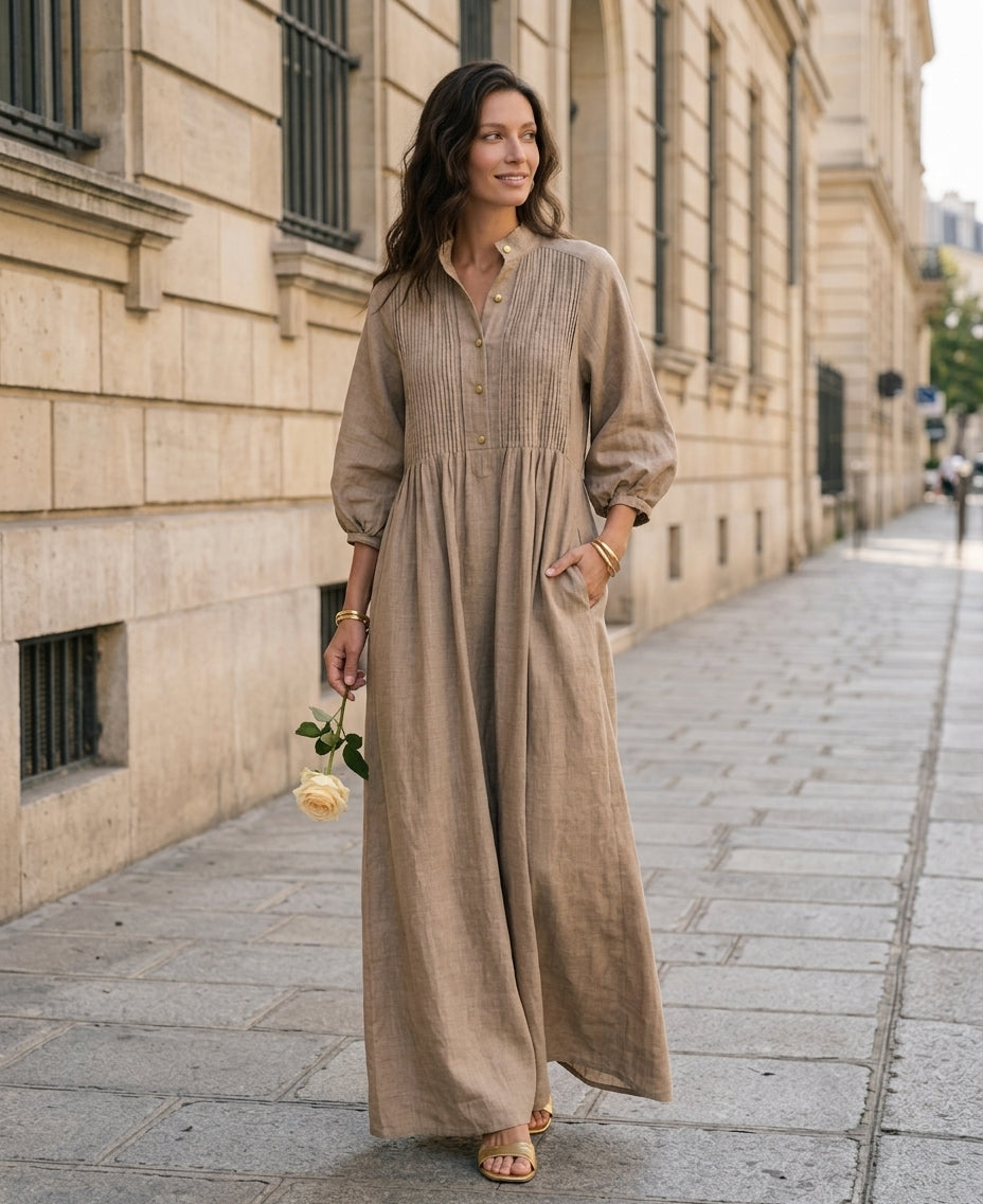 Women's Casual Long-sleeved Maxi Dress In Khaki Cotton-linen Blend MDZ0709H0LXY