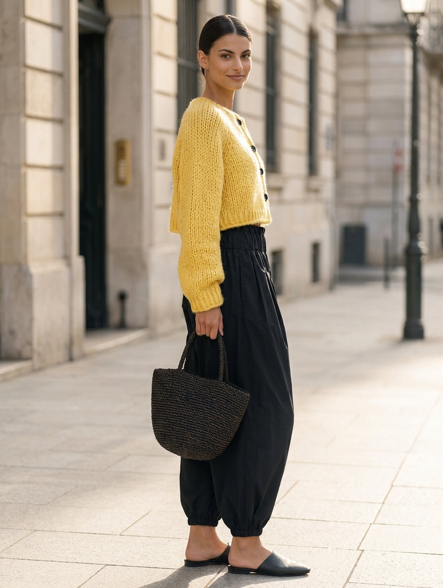 Women's Casual Yellow Long-sleeved Knit Cardigan Paired With Black Woven Trousers MDZ0717H4LXY