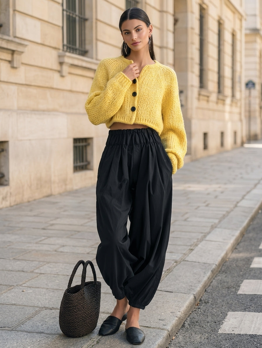 Women's Casual Yellow Long-sleeved Knit Cardigan Paired With Black Woven Trousers MDZ0717H4LXY