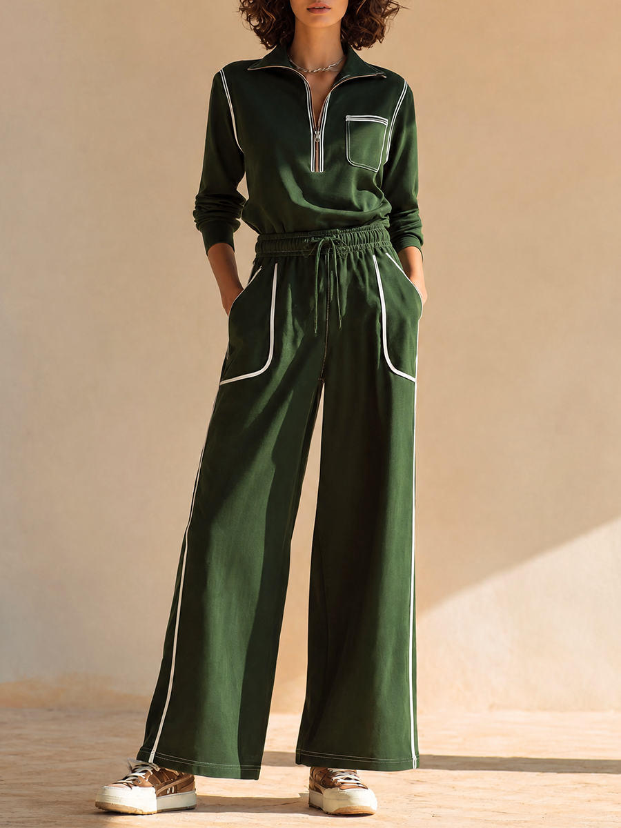 Women's Sporty Contrast-Piping Collared Half-Zip Dropped-Shoulder Long-Sleeve Top & Drawstring Wide-Leg Trouser Set MDZ1085H9CMX