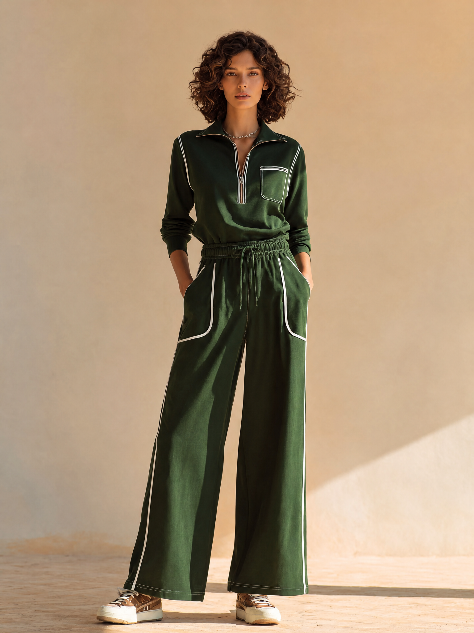Women's Sporty Contrast-Piping Collared Half-Zip Dropped-Shoulder Long-Sleeve Top & Drawstring Wide-Leg Trouser Set MDZ1085H9CMX