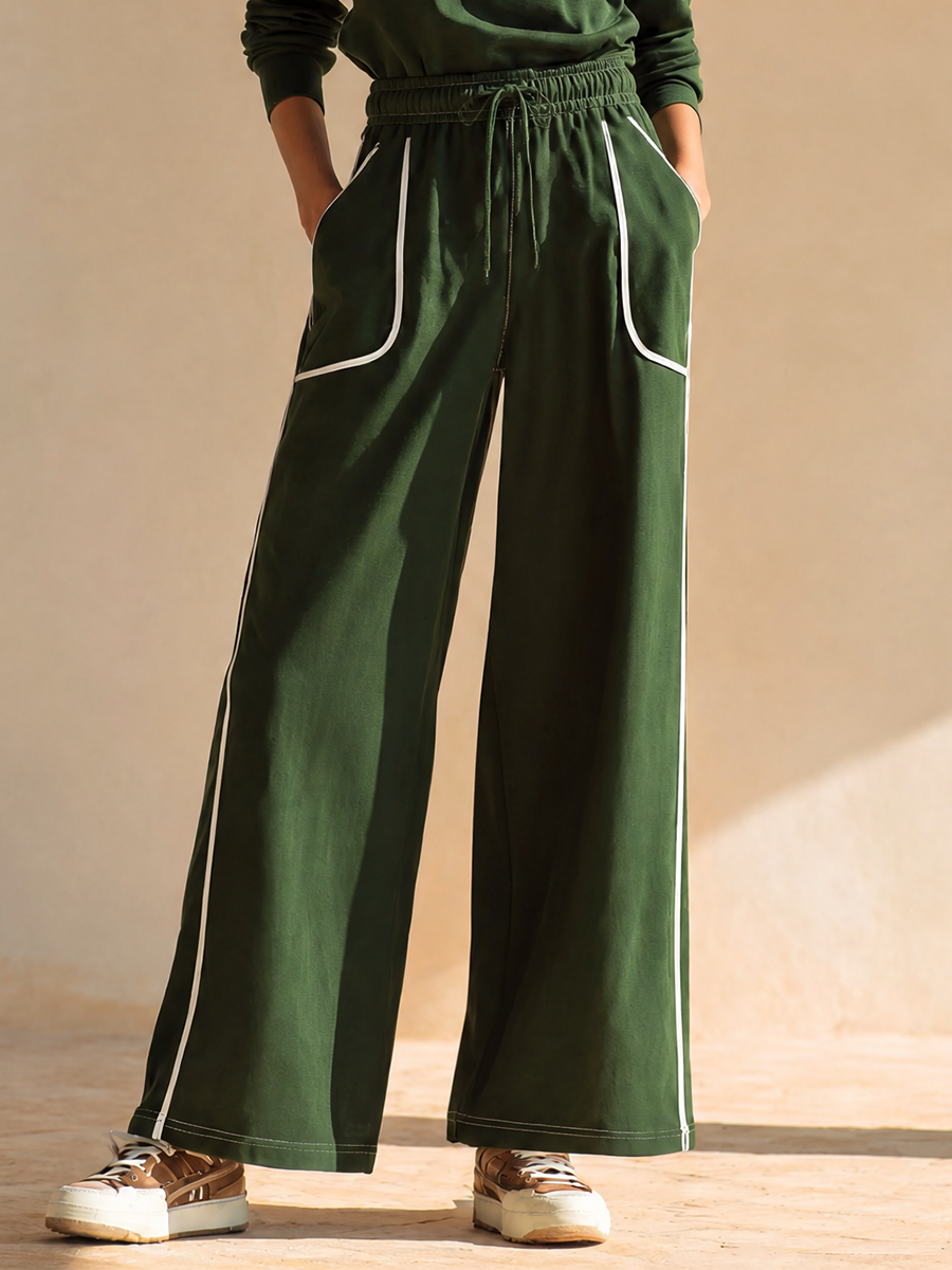 Women's Sporty Contrast-Piping Collared Half-Zip Dropped-Shoulder Long-Sleeve Top & Drawstring Wide-Leg Trouser Set MDZ1085H9CMX