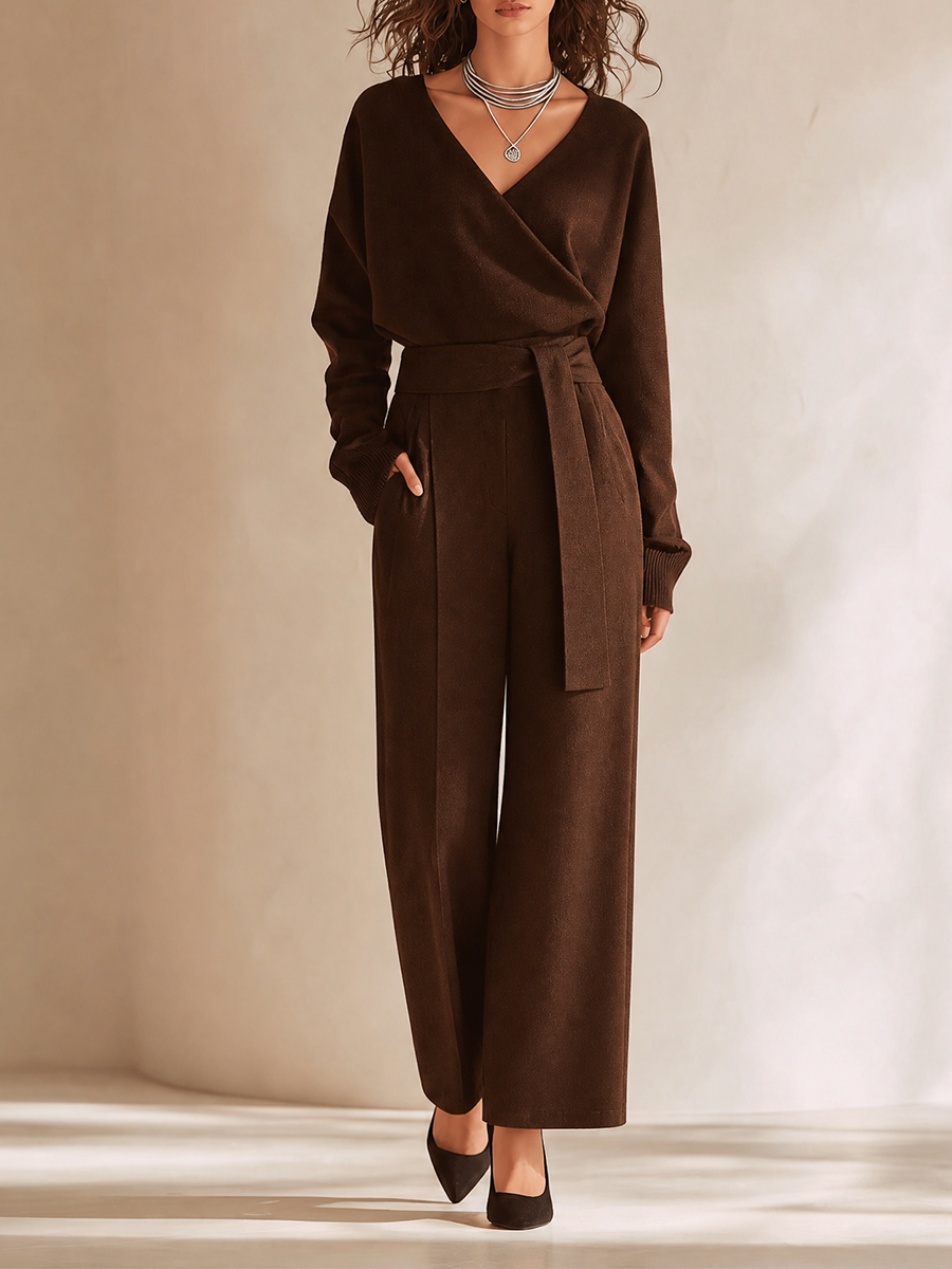 Women's Elegant V-Neck Dropped-Shoulder Long-Sleeve Belted Top & High-Waisted Wide-Leg Trouser Set MDZ1002H8CMX