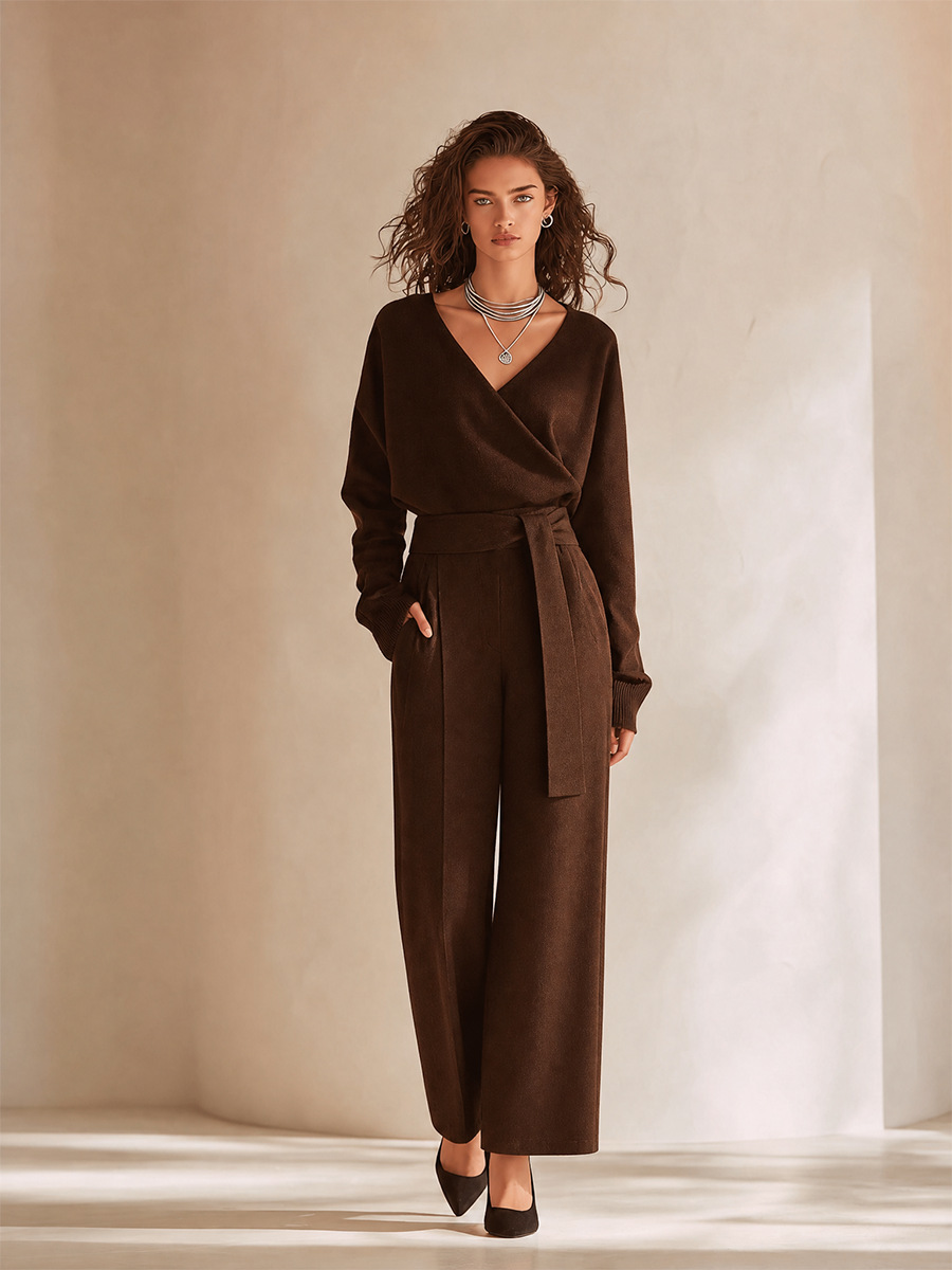 Women's Elegant V-Neck Dropped-Shoulder Long-Sleeve Belted Top & High-Waisted Wide-Leg Trouser Set MDZ1002H8CMX