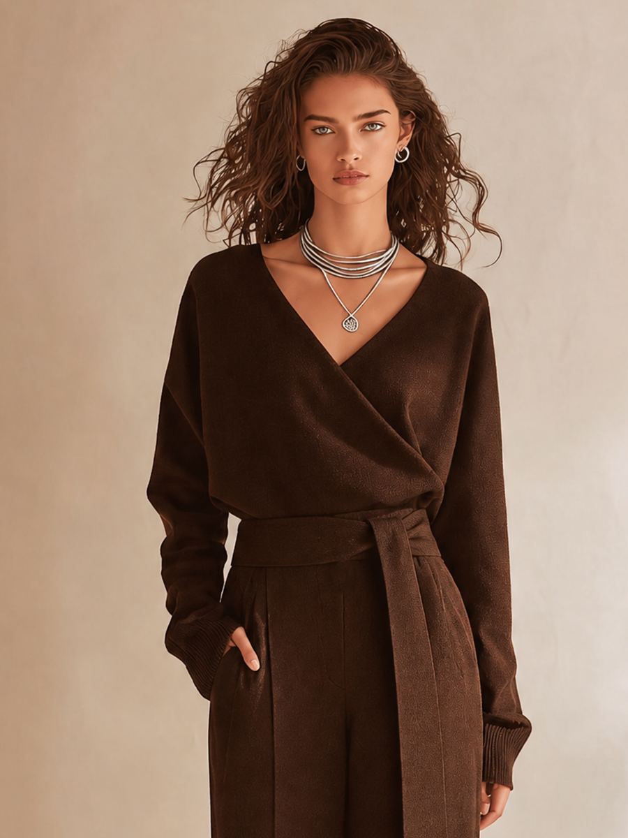 Women's Elegant V-Neck Dropped-Shoulder Long-Sleeve Belted Top & High-Waisted Wide-Leg Trouser Set MDZ1002H8CMX