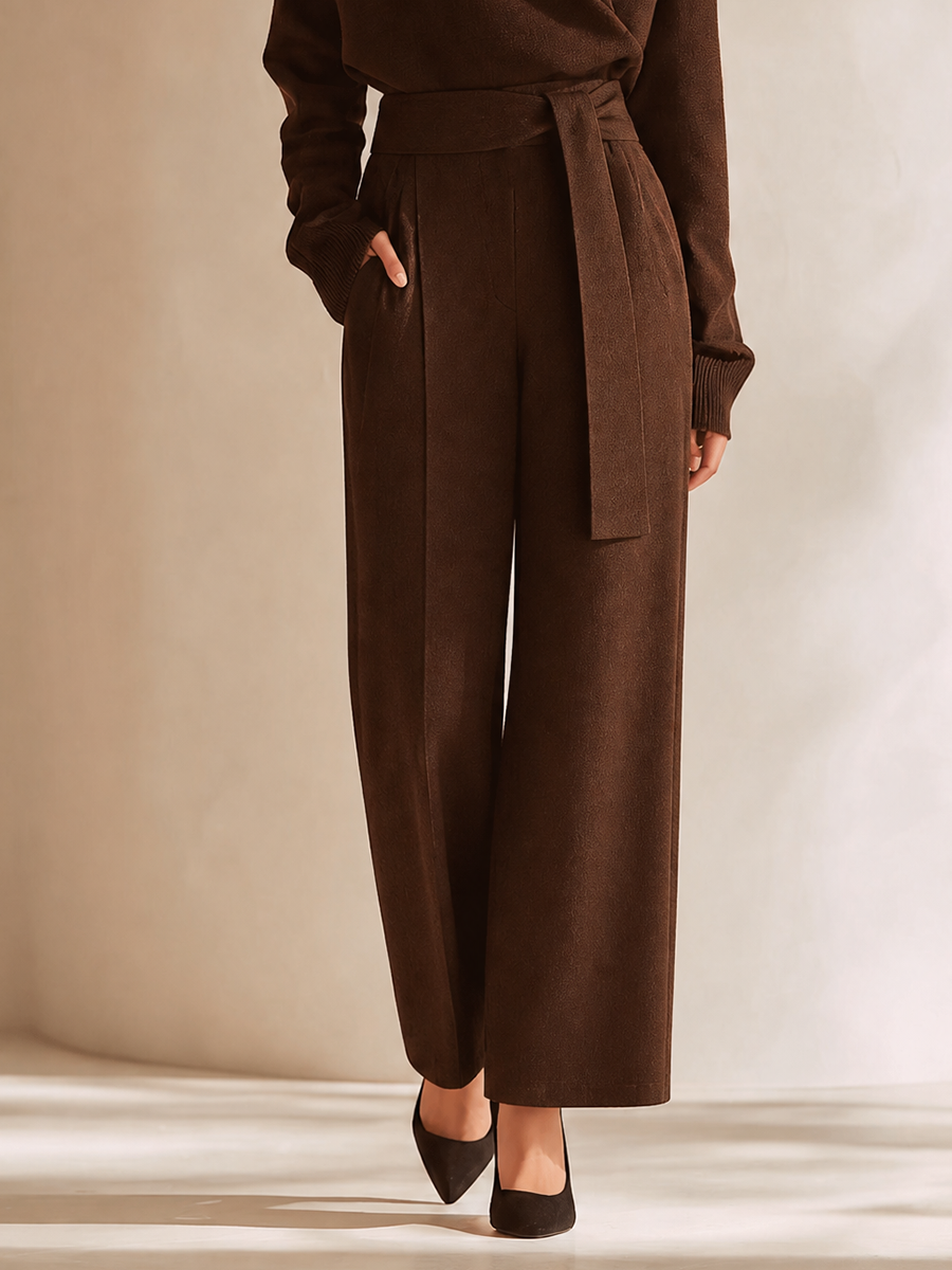 Women's Elegant V-Neck Dropped-Shoulder Long-Sleeve Belted Top & High-Waisted Wide-Leg Trouser Set MDZ1002H8CMX