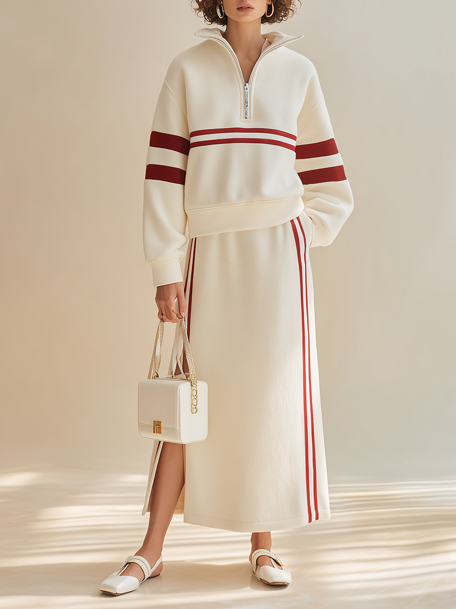 Women's Sporty Contrast-Stripe Half-Zip Collared Dropped-Shoulder Long-Sleeve Sweatshirt & High-Waisted Slit Skirt Set MDZ1018H6CMX