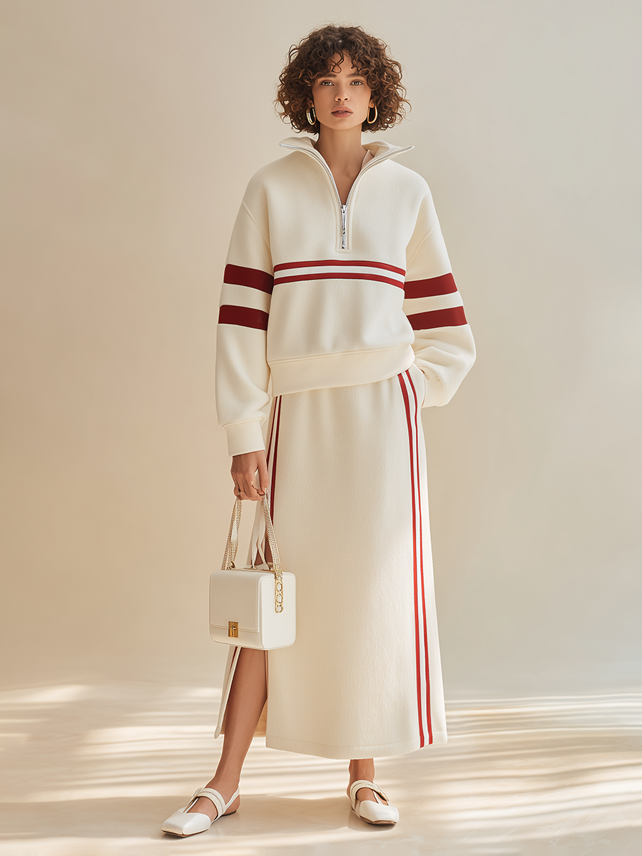 Women's Sporty Contrast-Stripe Half-Zip Collared Dropped-Shoulder Long-Sleeve Sweatshirt & High-Waisted Slit Skirt Set MDZ1018H6CMX