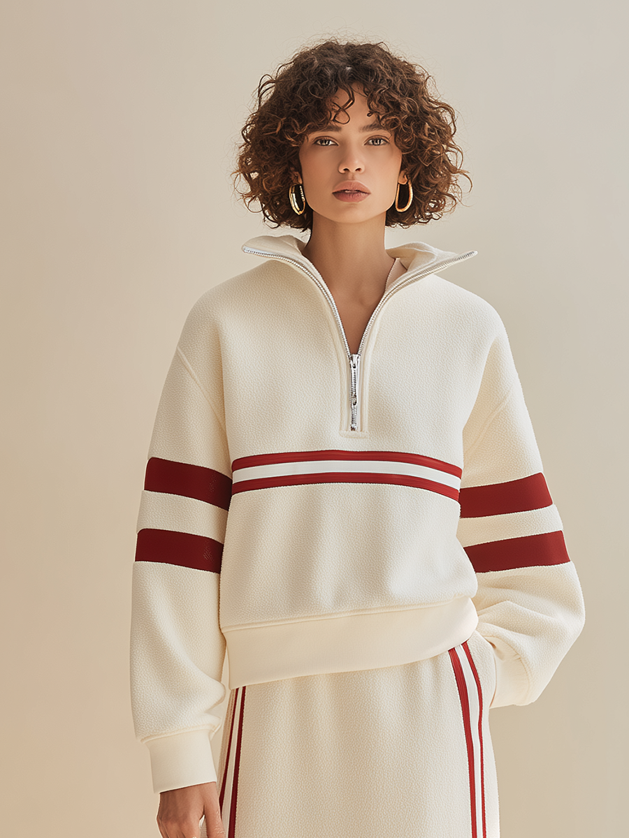 Women's Sporty Contrast-Stripe Half-Zip Collared Dropped-Shoulder Long-Sleeve Sweatshirt & High-Waisted Slit Skirt Set MDZ1018H6CMX