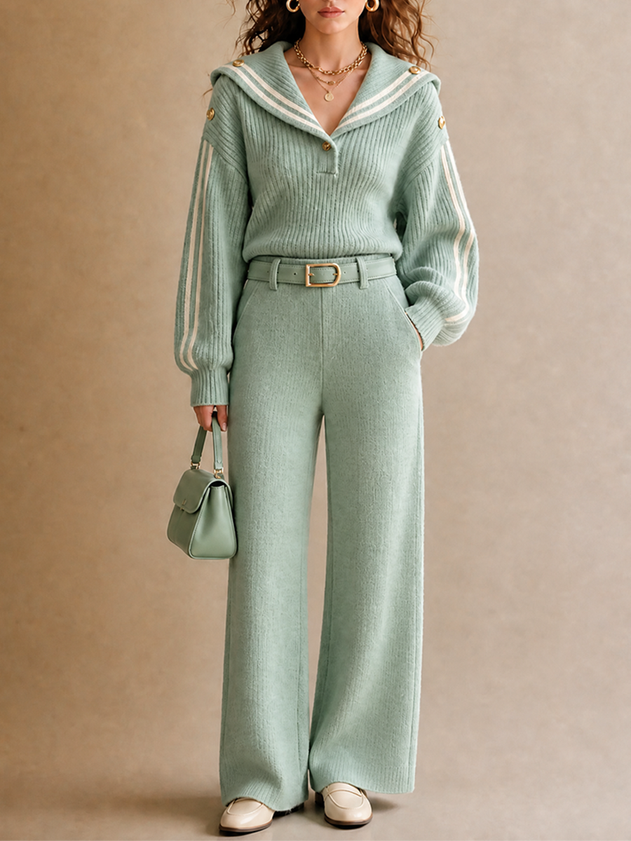 Women's Vintage Elegant Wool-Knit Sailor-Collar Contrast-Stripe Long-Sleeve Sweater & Belted High-Waisted Wide-Leg Trouser Set MDZ1069H4CMX
